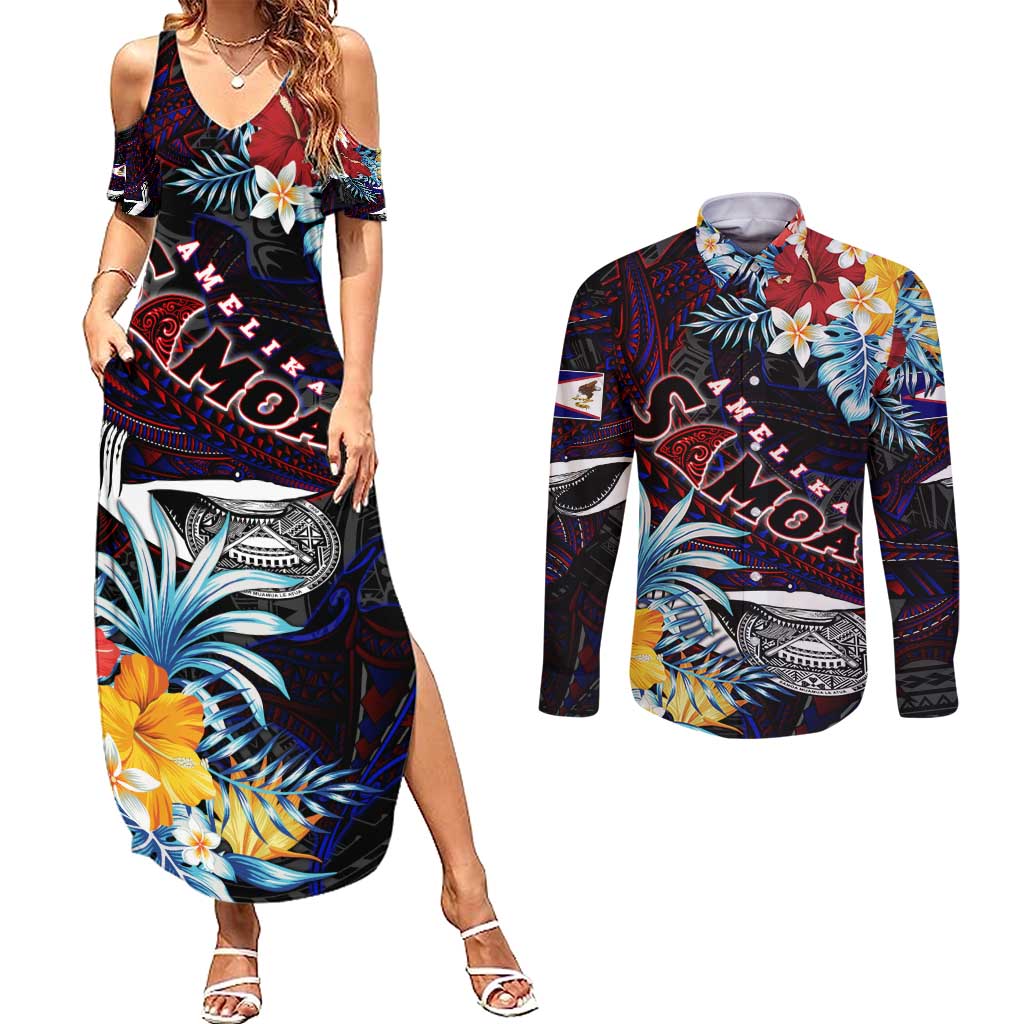 Personalized Amelika Samoa Sharks Polynesia Couples Matching Summer Maxi Dress and Long Sleeve Button Shirt American Samoa DT02 Black - Polynesian Pride