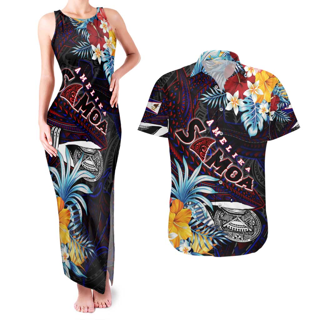 Personalized Amelika Samoa Sharks Polynesia Couples Matching Tank Maxi Dress and Hawaiian Shirt American Samoa DT02 Black - Polynesian Pride