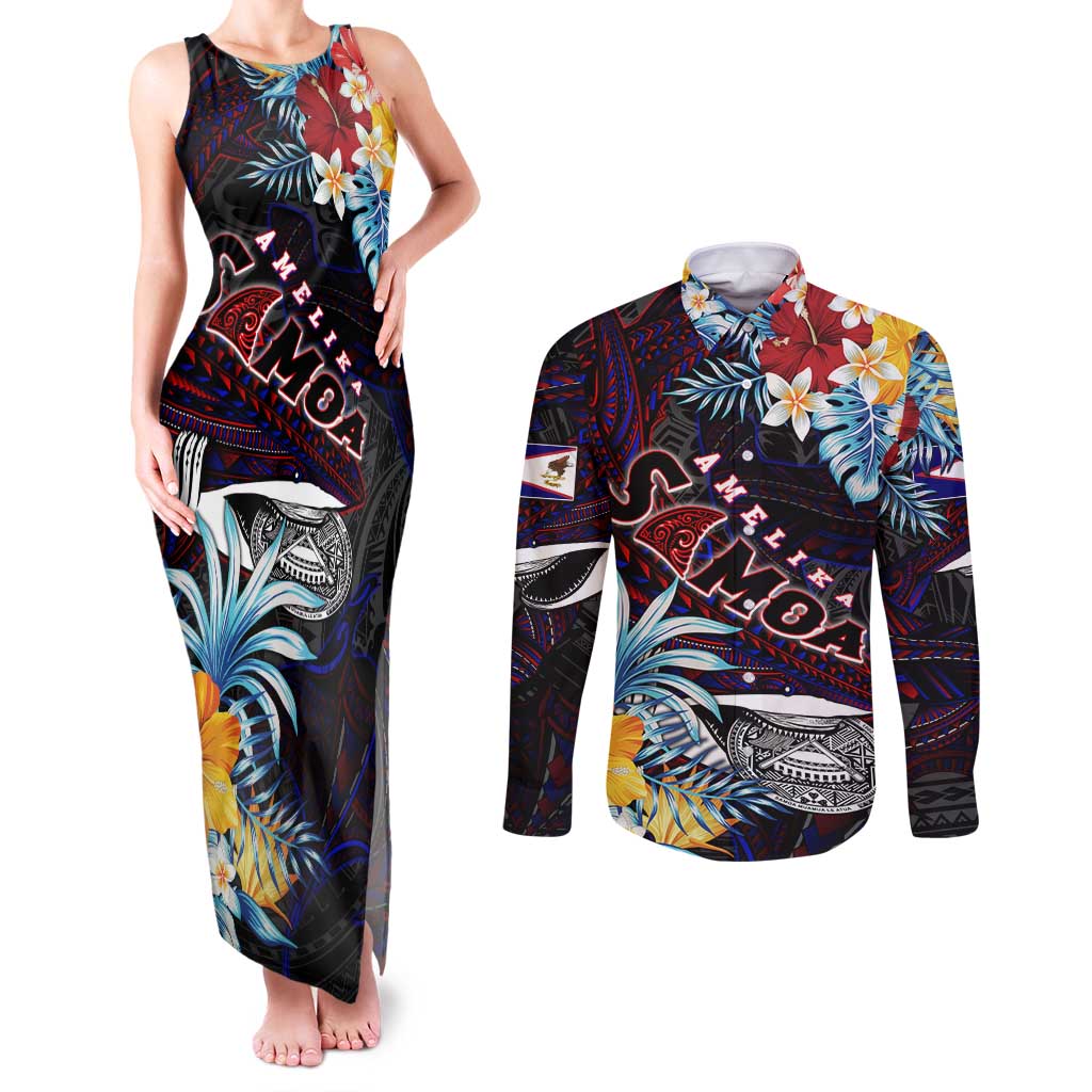 Personalized Amelika Samoa Sharks Polynesia Couples Matching Tank Maxi Dress and Long Sleeve Button Shirt American Samoa DT02 Black - Polynesian Pride