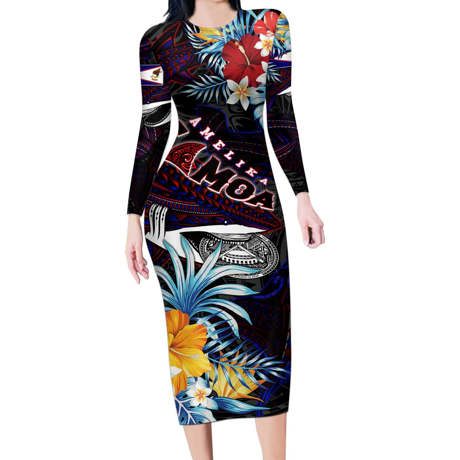 Personalized Amelika Samoa Sharks Polynesia Long Sleeve Bodycon Dress American Samoa DT02 Long Dress Black - Polynesian Pride