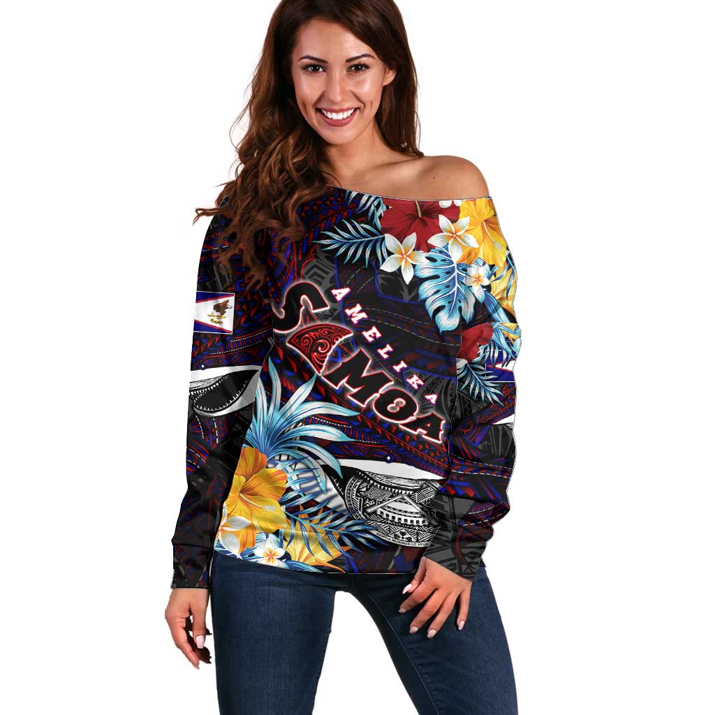 Personalized Amelika Samoa Sharks Polynesia Off Shoulder Sweater American Samoa DT02 Women Black - Polynesian Pride