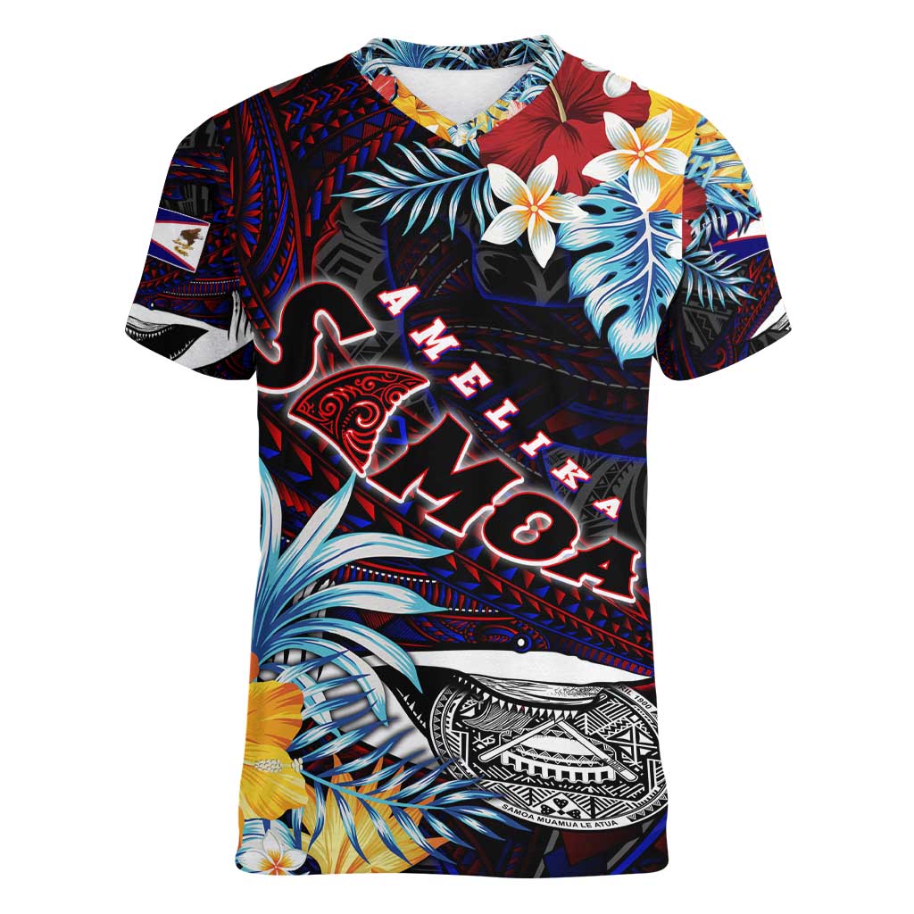 Personalized Amelika Samoa Sharks Polynesia Women V-Neck T-Shirt American Samoa DT02 Female Black - Polynesian Pride