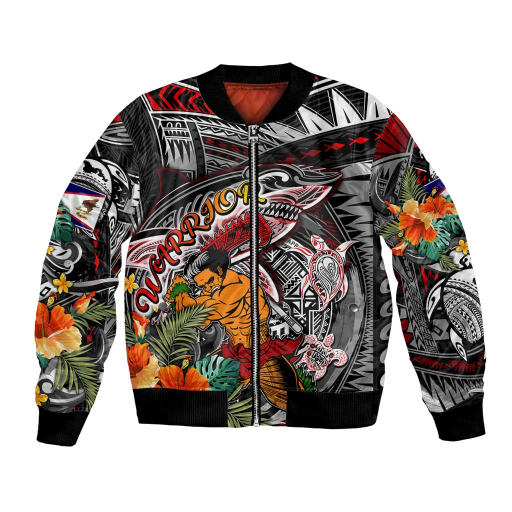 Personalized American Samoa Warrior Bomber Jacket Shark Turtle Polynesian Tattoo DT02 Unisex Black - Polynesian Pride
