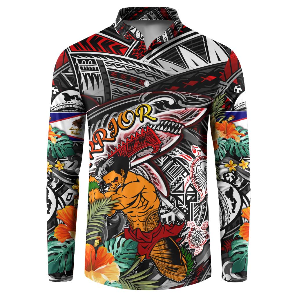 Personalized American Samoa Warrior Button Sweatshirt Shark Turtle Polynesian Tattoo DT02 Black - Polynesian Pride