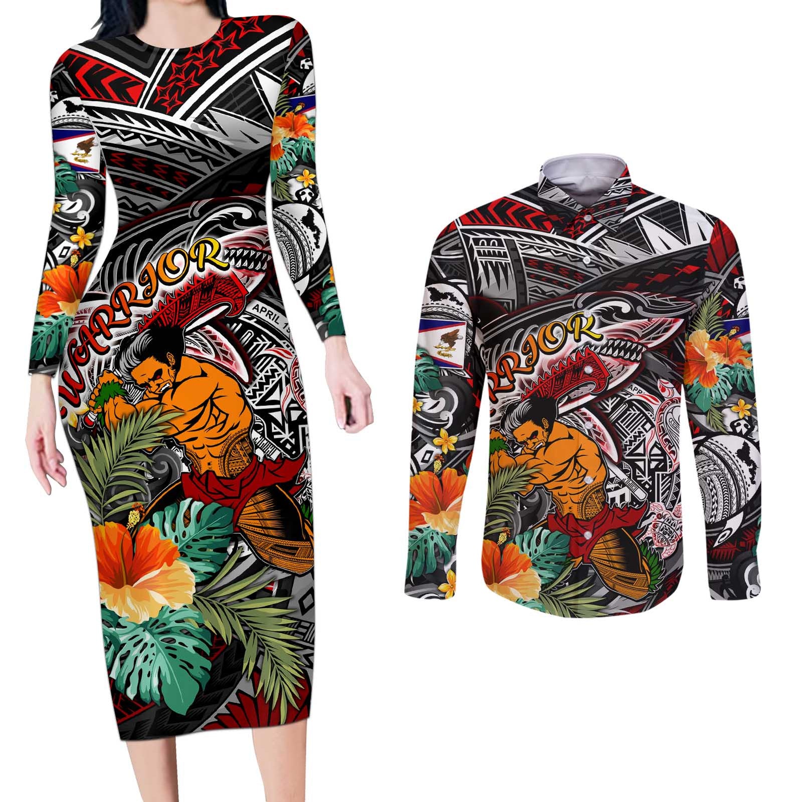 Personalized American Samoa Warrior Couples Matching Long Sleeve Bodycon Dress and Long Sleeve Button Shirt Shark Turtle Polynesian Tattoo DT02 Black - Polynesian Pride
