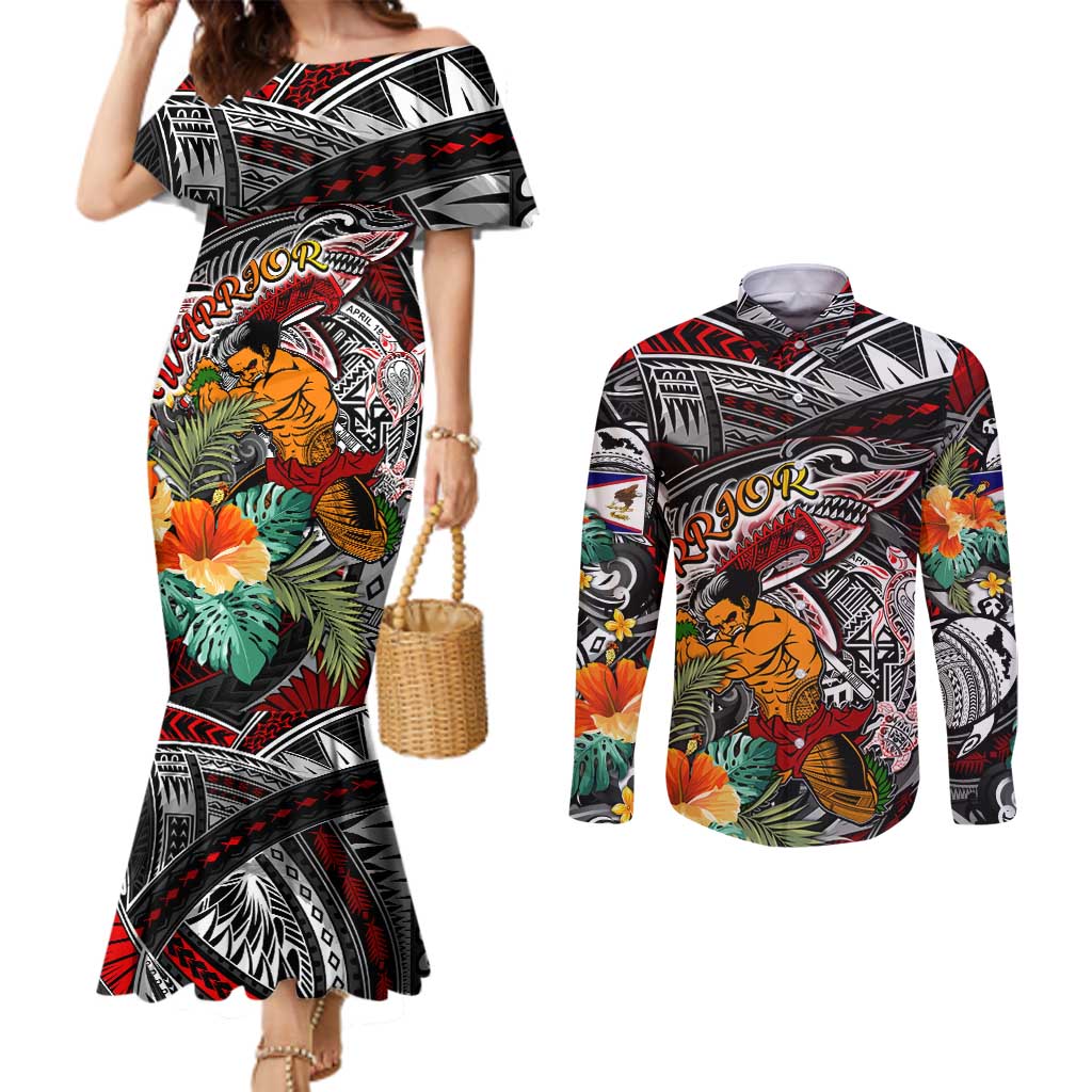 Personalized American Samoa Warrior Couples Matching Mermaid Dress and Long Sleeve Button Shirt Shark Turtle Polynesian Tattoo DT02 Black - Polynesian Pride