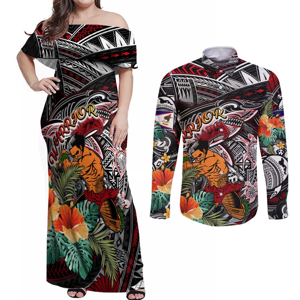 Personalized American Samoa Warrior Couples Matching Off Shoulder Maxi Dress and Long Sleeve Button Shirt Shark Turtle Polynesian Tattoo DT02 Black - Polynesian Pride