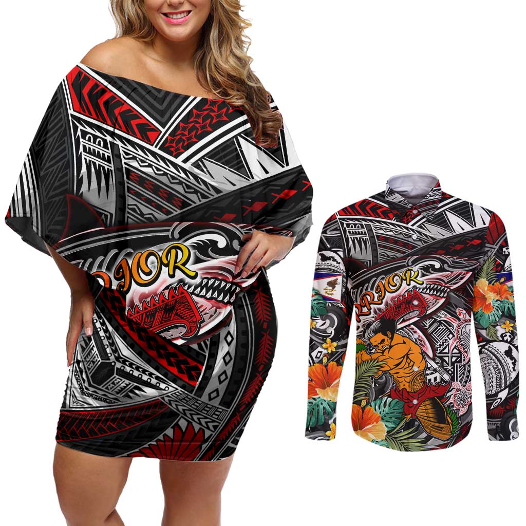 Personalized American Samoa Warrior Couples Matching Off Shoulder Short Dress and Long Sleeve Button Shirt Shark Turtle Polynesian Tattoo DT02 Black - Polynesian Pride