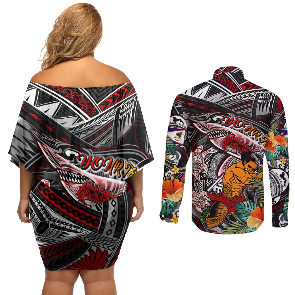 Personalized American Samoa Warrior Couples Matching Off Shoulder Short Dress and Long Sleeve Button Shirt Shark Turtle Polynesian Tattoo