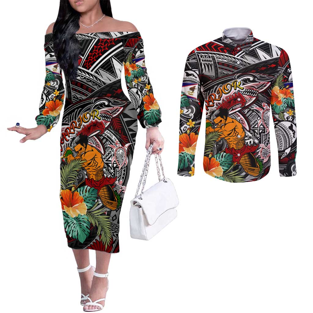 Personalized American Samoa Warrior Couples Matching Off The Shoulder Long Sleeve Dress and Long Sleeve Button Shirt Shark Turtle Polynesian Tattoo DT02 Black - Polynesian Pride