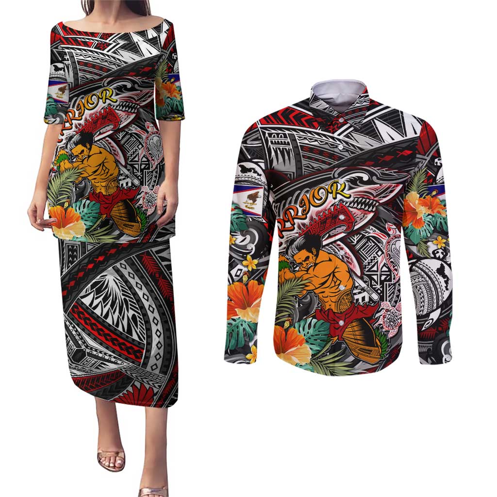 Personalized American Samoa Warrior Couples Matching Puletasi and Long Sleeve Button Shirt Shark Turtle Polynesian Tattoo DT02 Black - Polynesian Pride