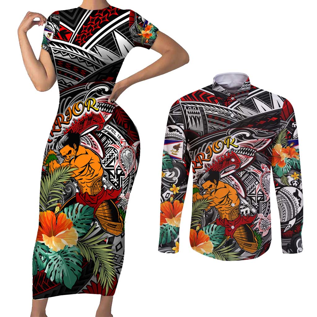 Personalized American Samoa Warrior Couples Matching Short Sleeve Bodycon Dress and Long Sleeve Button Shirt Shark Turtle Polynesian Tattoo DT02 Black - Polynesian Pride