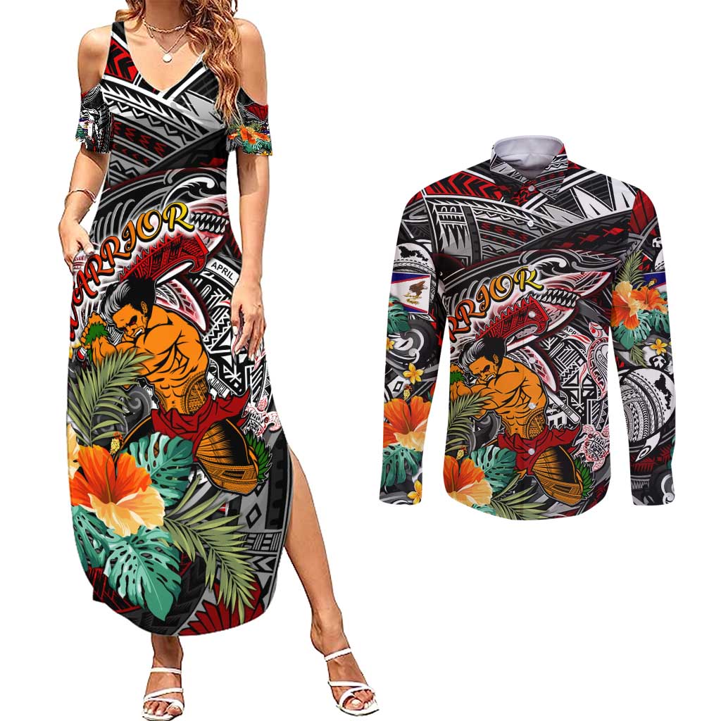 Personalized American Samoa Warrior Couples Matching Summer Maxi Dress and Long Sleeve Button Shirt Shark Turtle Polynesian Tattoo DT02 Black - Polynesian Pride