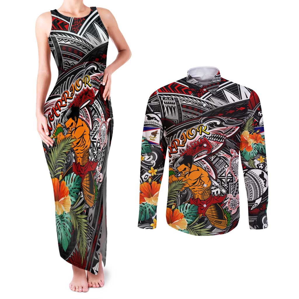 Personalized American Samoa Warrior Couples Matching Tank Maxi Dress and Long Sleeve Button Shirt Shark Turtle Polynesian Tattoo DT02 Black - Polynesian Pride