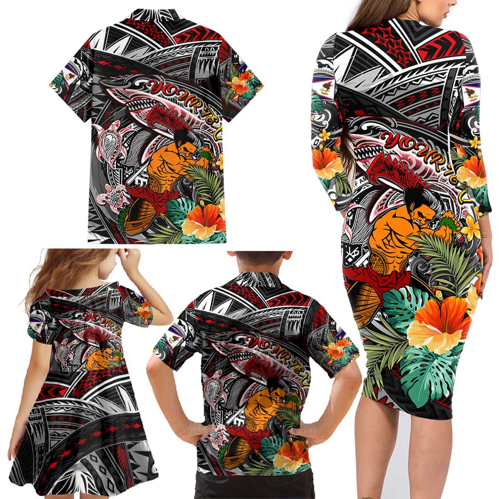 Personalized American Samoa Warrior Family Matching Long Sleeve Bodycon Dress and Hawaiian Shirt Shark Turtle Polynesian Tattoo