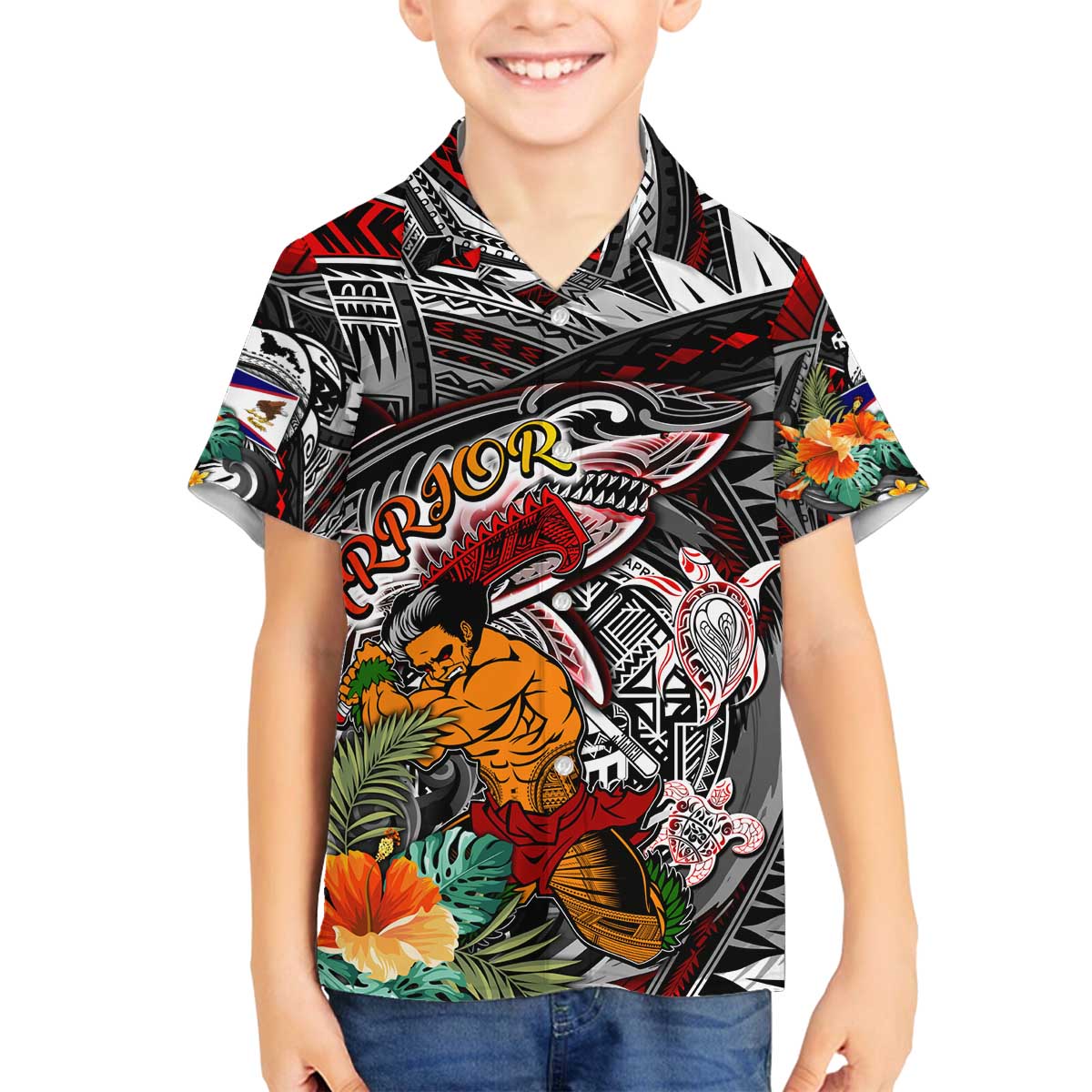 Personalized American Samoa Warrior Family Matching Off Shoulder Short Dress and Hawaiian Shirt Shark Turtle Polynesian Tattoo