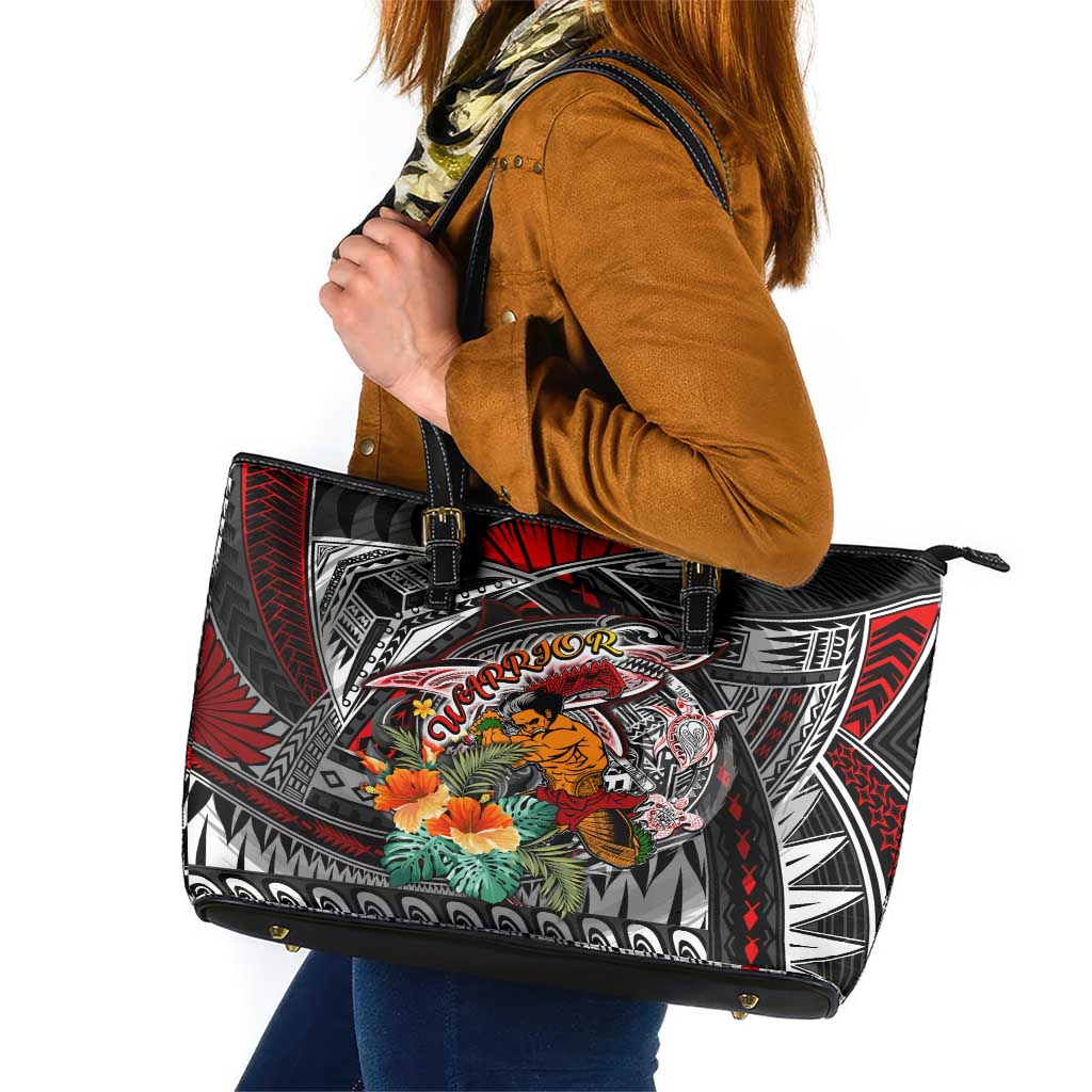 American Samoa Warrior Leather Tote Bag Shark Turtle Polynesian Tattoo DT02 Black - Polynesian Pride