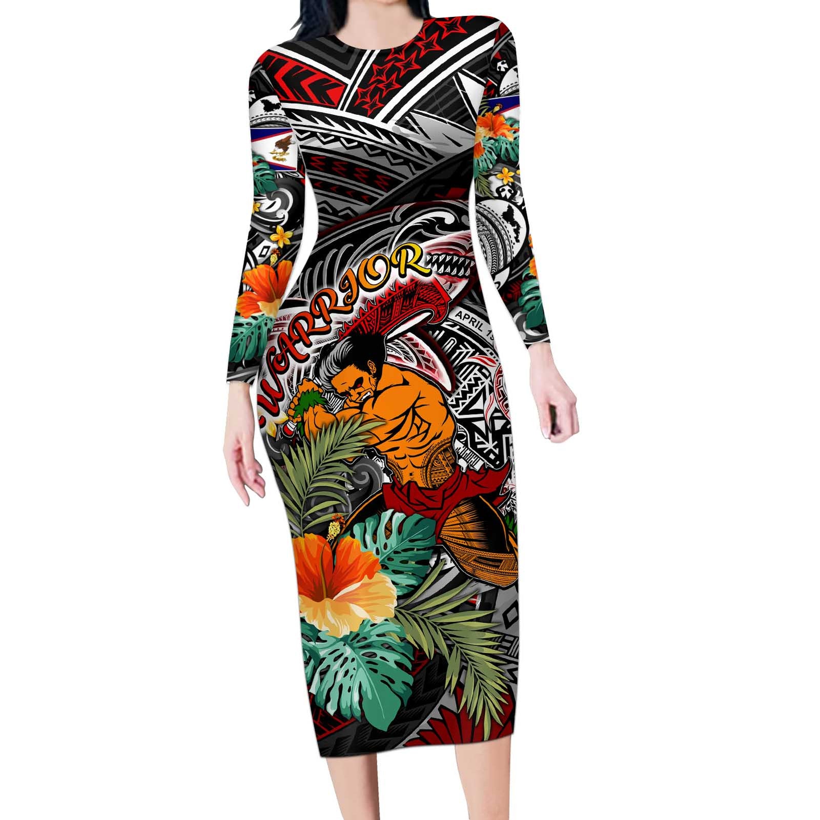 Personalized American Samoa Warrior Long Sleeve Bodycon Dress Shark Turtle Polynesian Tattoo DT02 Long Dress Black - Polynesian Pride