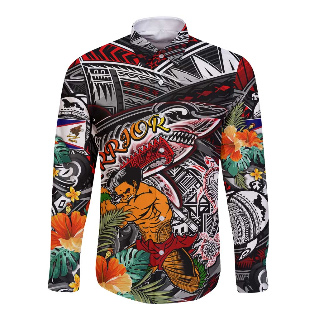Personalized American Samoa Warrior Long Sleeve Button Shirt Shark Turtle Polynesian Tattoo DT02 Unisex Black - Polynesian Pride