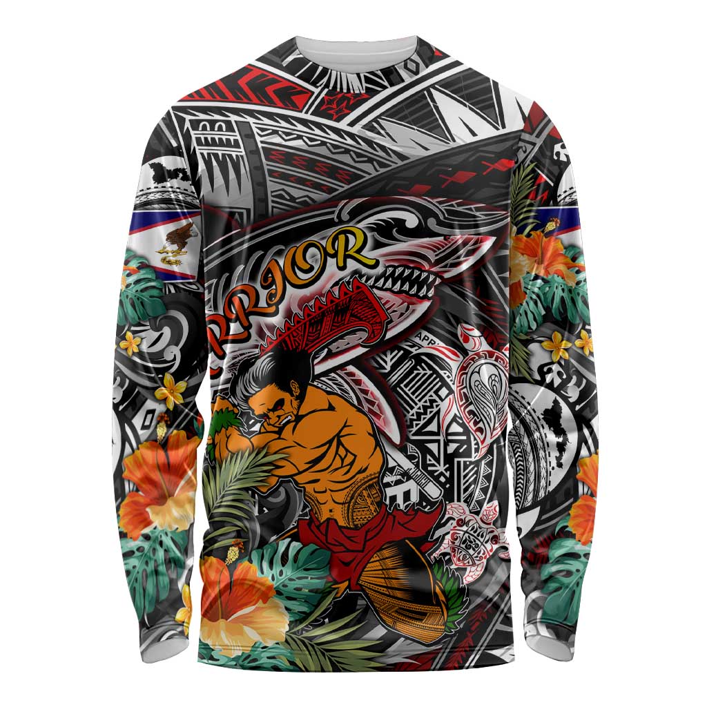 Personalized American Samoa Warrior Long Sleeve Shirt Shark Turtle Polynesian Tattoo DT02 Unisex Black - Polynesian Pride