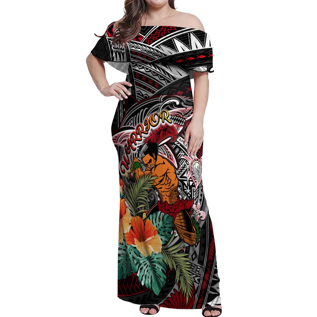 Personalized American Samoa Warrior Off Shoulder Maxi Dress Shark Turtle Polynesian Tattoo DT02 Women Black - Polynesian Pride