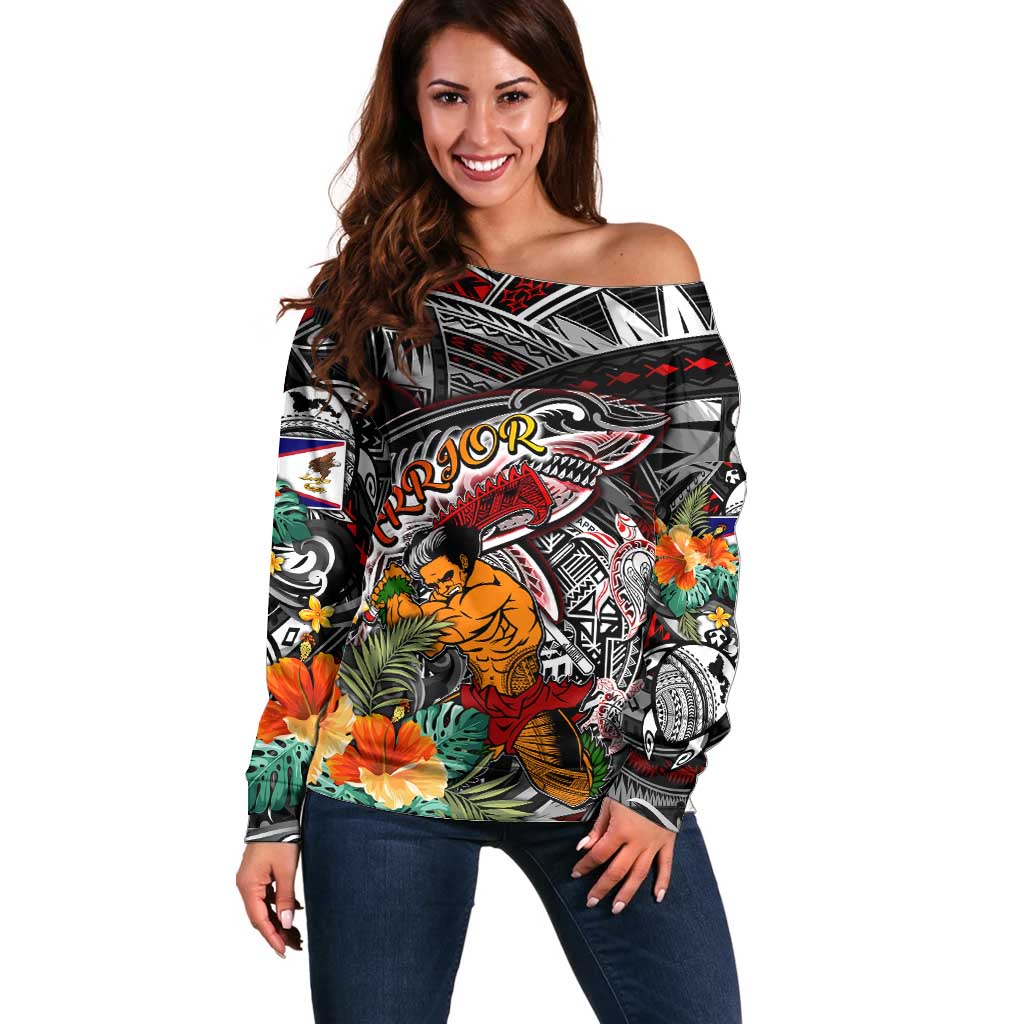Personalized American Samoa Warrior Off Shoulder Sweater Shark Turtle Polynesian Tattoo DT02 Women Black - Polynesian Pride