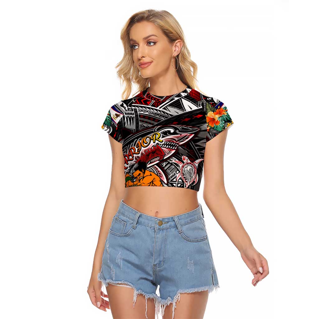 Personalized American Samoa Warrior Raglan Cropped T Shirt Shark Turtle Polynesian Tattoo DT02 Female Black - Polynesian Pride