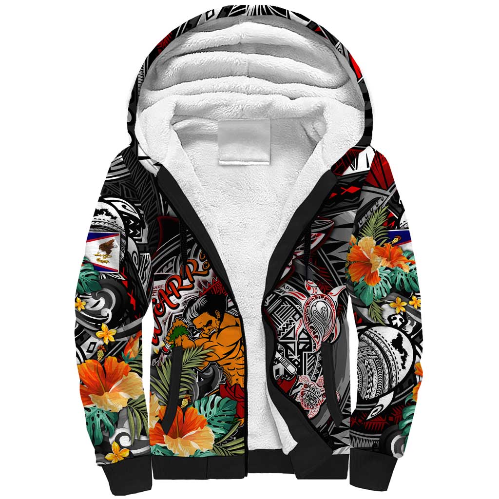 Personalized American Samoa Warrior Sherpa Hoodie Shark Turtle Polynesian Tattoo DT02 Unisex Black - Polynesian Pride