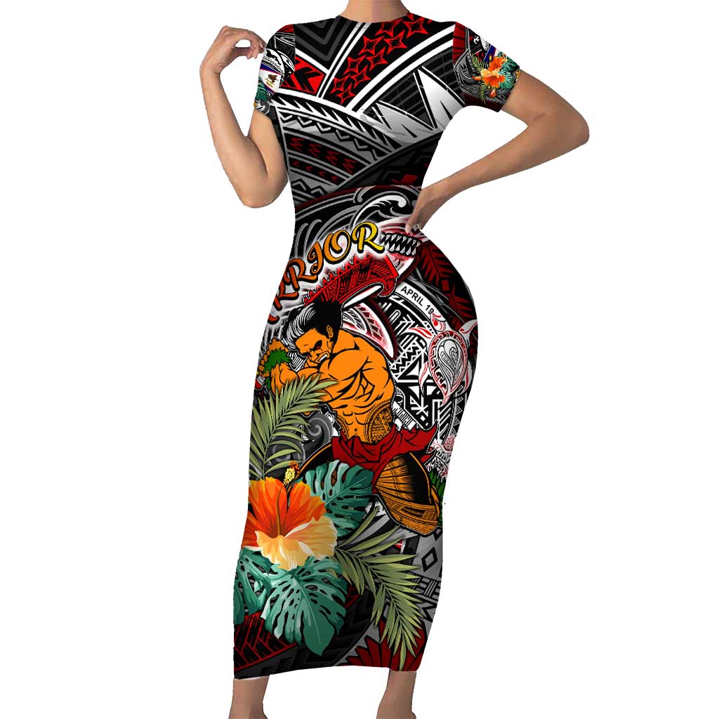Personalized American Samoa Warrior Short Sleeve Bodycon Dress Shark Turtle Polynesian Tattoo DT02 Long Dress Black - Polynesian Pride