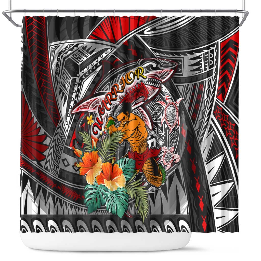American Samoa Warrior Shower Curtain Shark Turtle Polynesian Tattoo DT02 Black - Polynesian Pride
