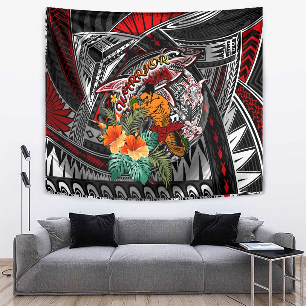 American Samoa Warrior Tapestry Shark Turtle Polynesian Tattoo DT02 Black - Polynesian Pride