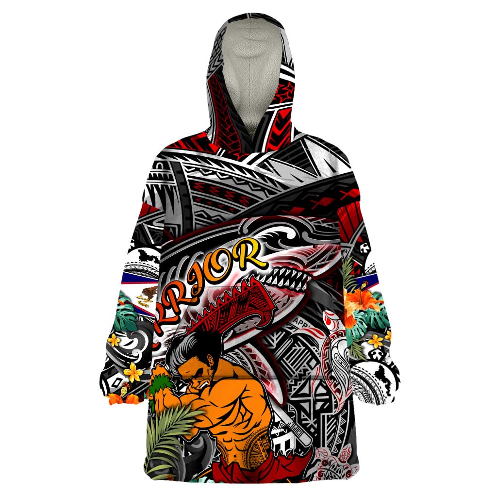 Personalized American Samoa Warrior Wearable Blanket Hoodie Shark Turtle Polynesian Tattoo DT02 One Size Black - Polynesian Pride
