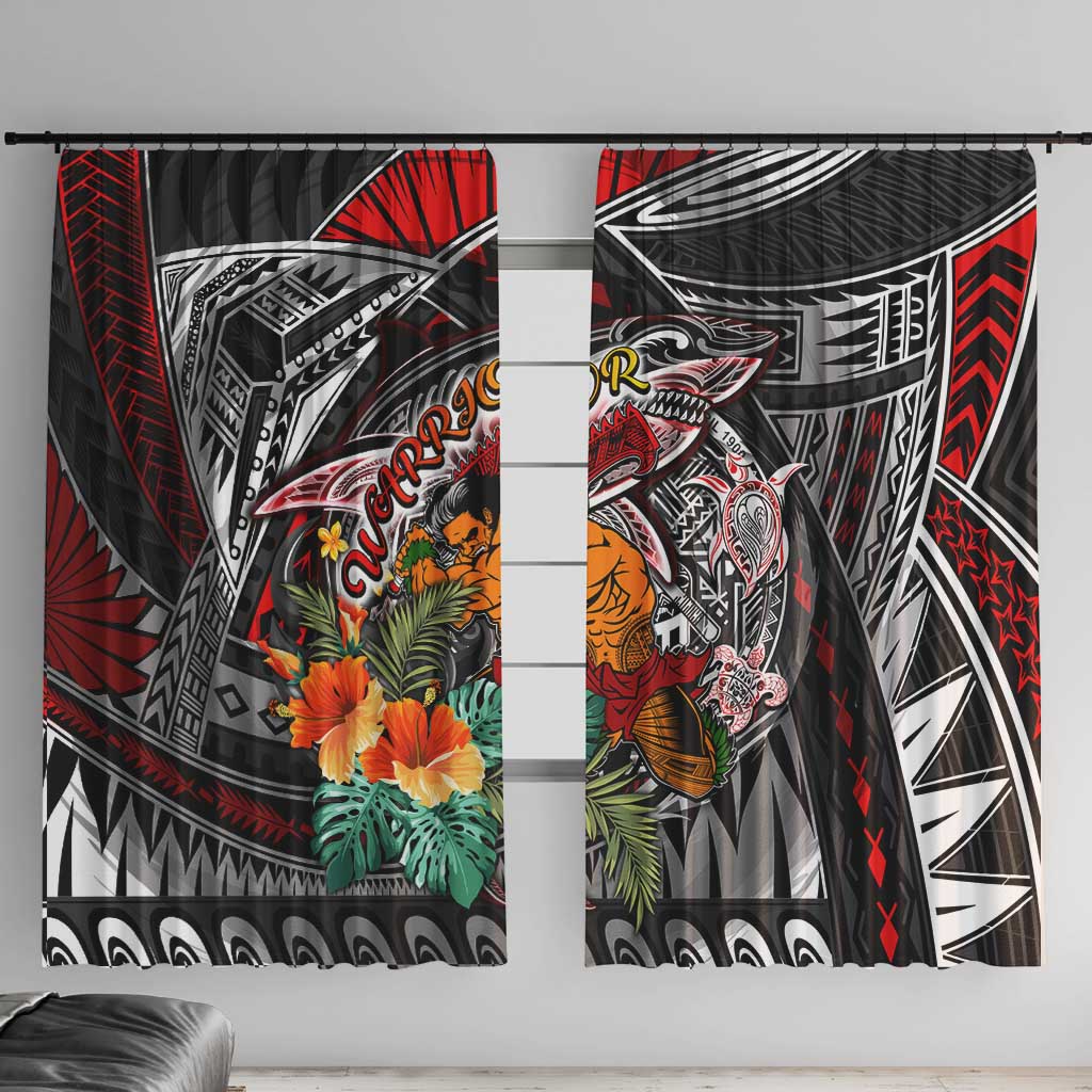 American Samoa Warrior Window Curtain Shark Turtle Polynesian Tattoo DT02 With Hooks Black - Polynesian Pride