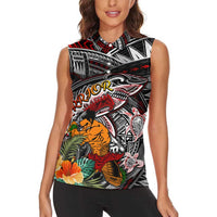 Personalized American Samoa Warrior Women Sleeveless Polo Shirt Shark Turtle Polynesian Tattoo