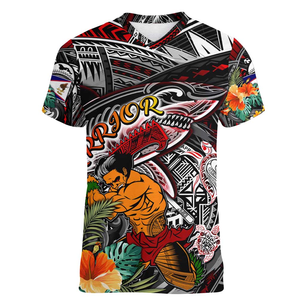 Personalized American Samoa Warrior Women V-Neck T-Shirt Shark Turtle Polynesian Tattoo DT02 Female Black - Polynesian Pride