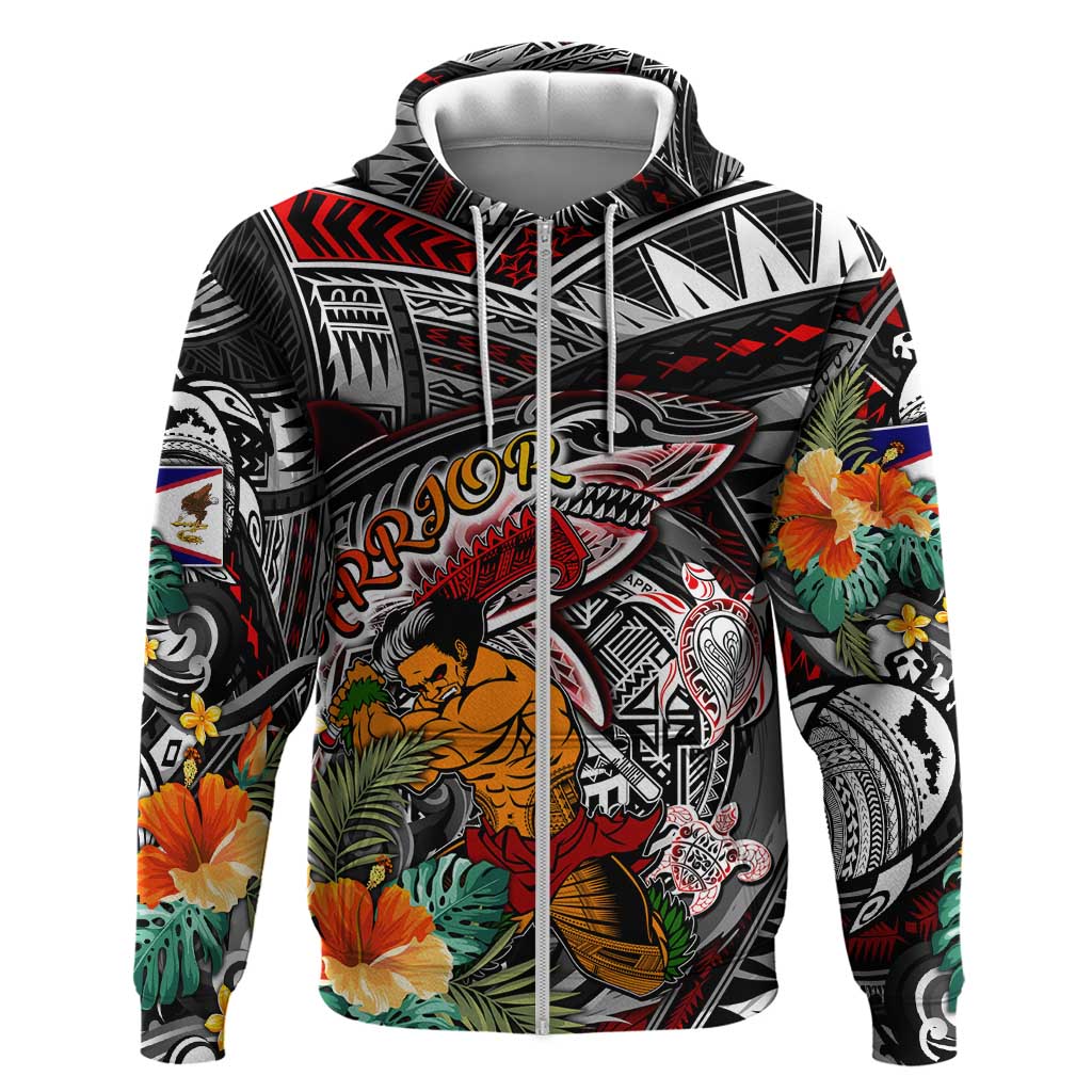 Personalized American Samoa Warrior Zip Hoodie Shark Turtle Polynesian Tattoo DT02 Zip Hoodie Black - Polynesian Pride