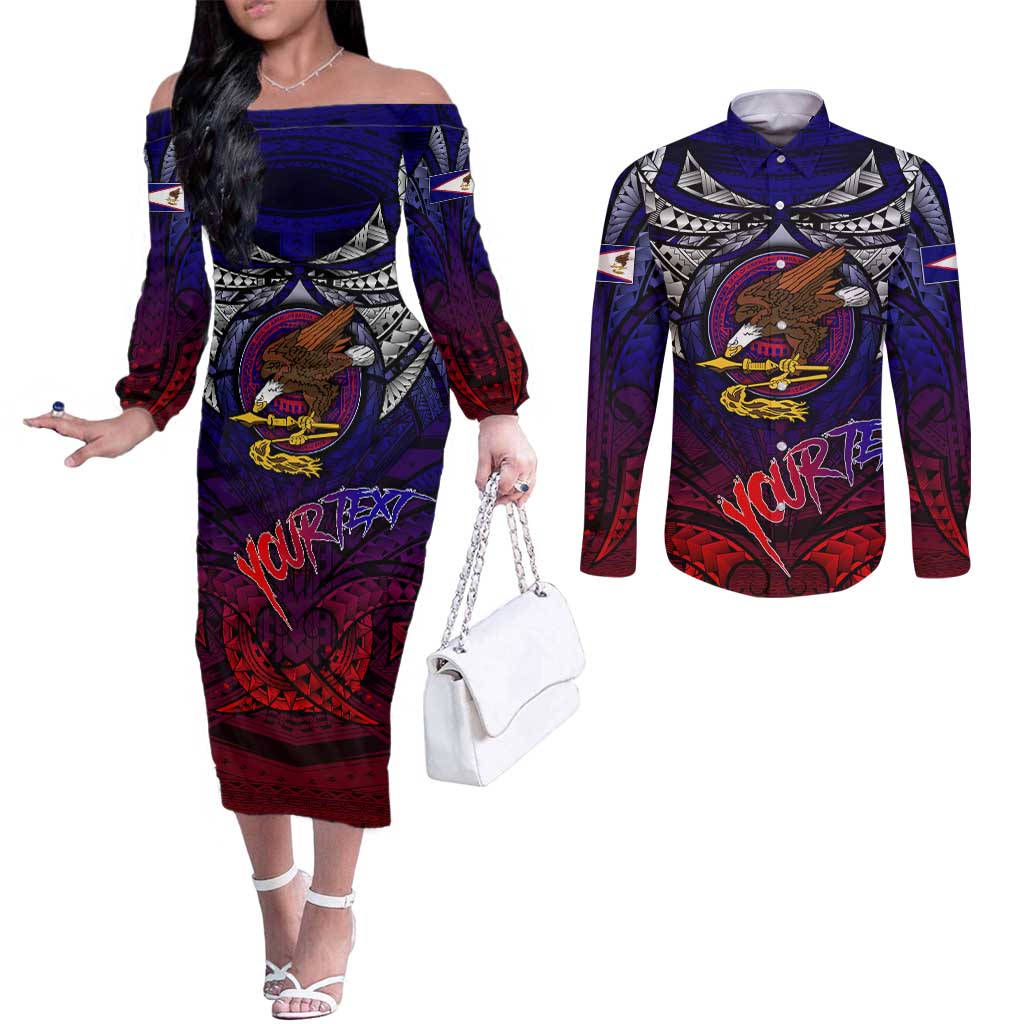 Personalized American Samoa Flag Couples Matching Off The Shoulder Long Sleeve Dress and Long Sleeve Button Shirt Eagles Polynesian Art DT02 Blue - Polynesian Pride