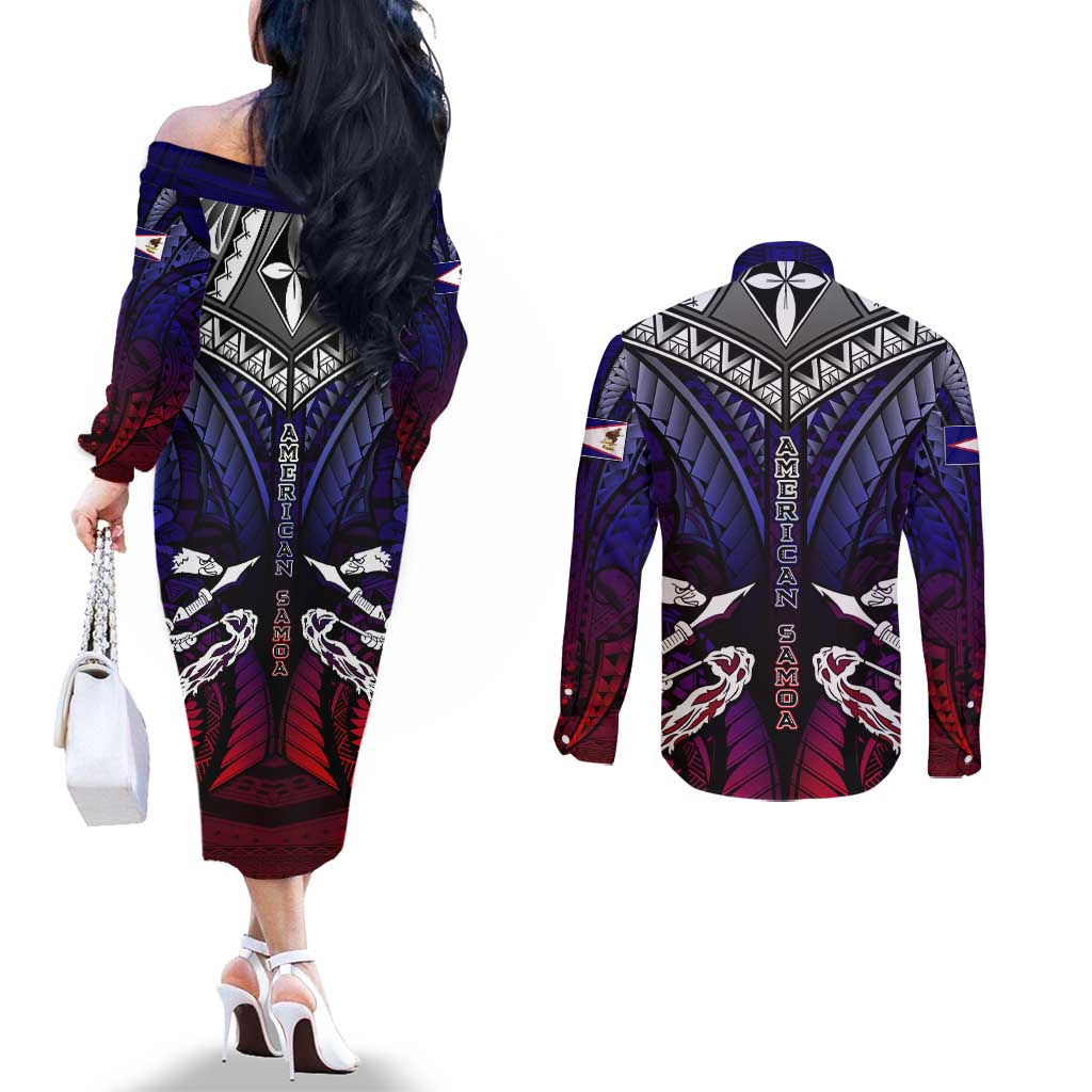 Personalized American Samoa Flag Couples Matching Off The Shoulder Long Sleeve Dress and Long Sleeve Button Shirt Eagles Polynesian Art DT02 - Polynesian Pride