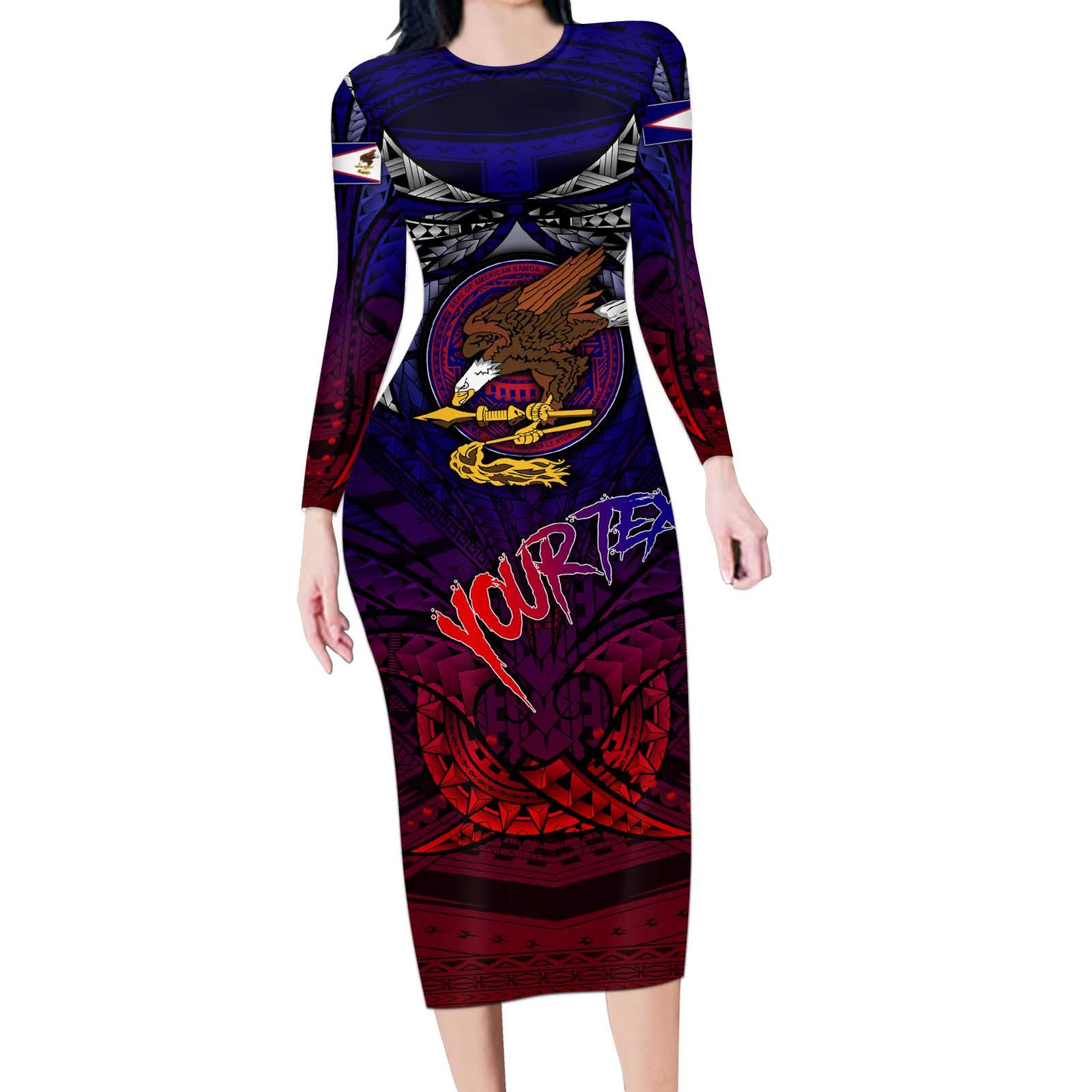 Personalized American Samoa Flag Long Sleeve Bodycon Dress Eagles Polynesian Art DT02 Long Dress Blue - Polynesian Pride