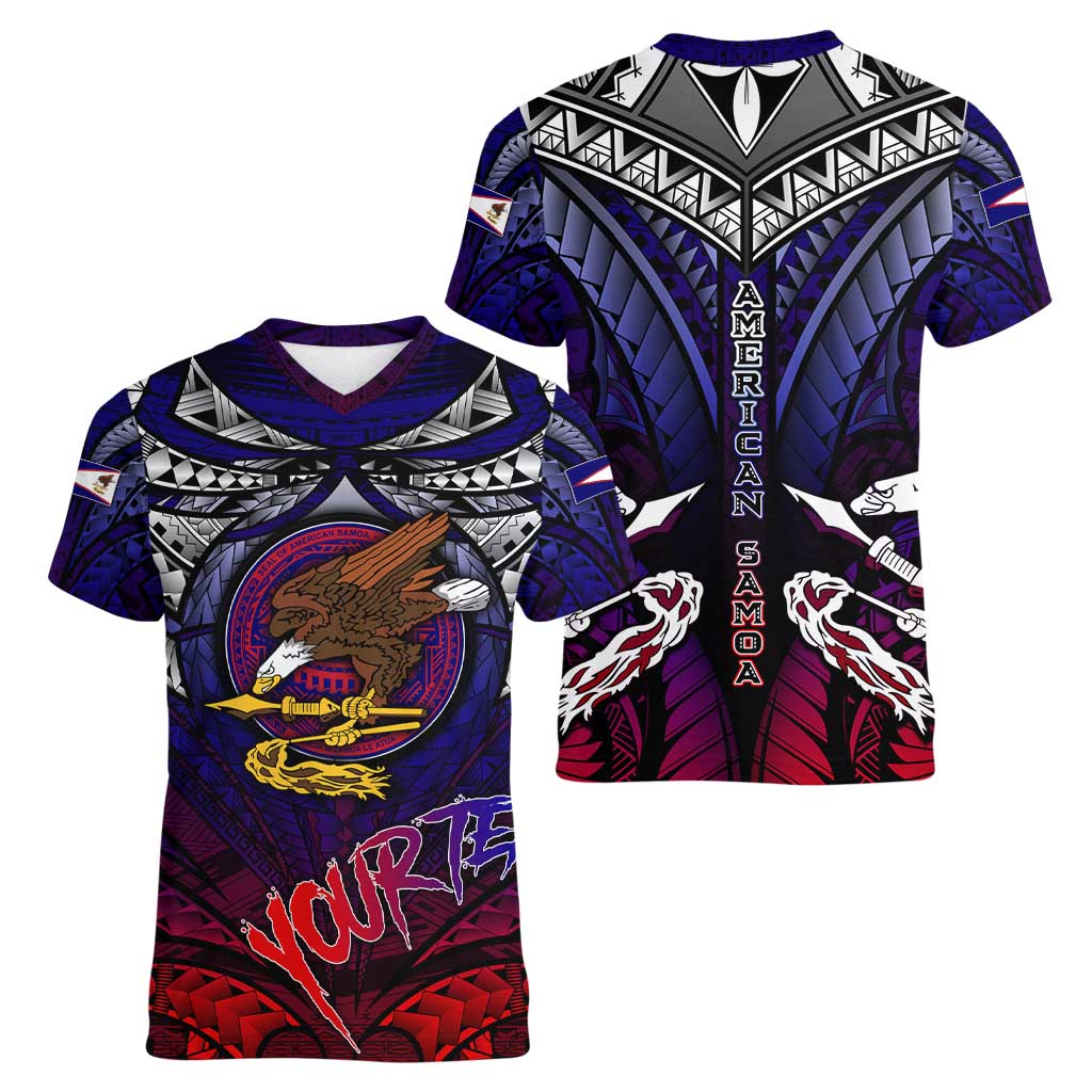 Personalized American Samoa Flag Women V-Neck T-Shirt Eagles Polynesian Art DT02 - Polynesian Pride