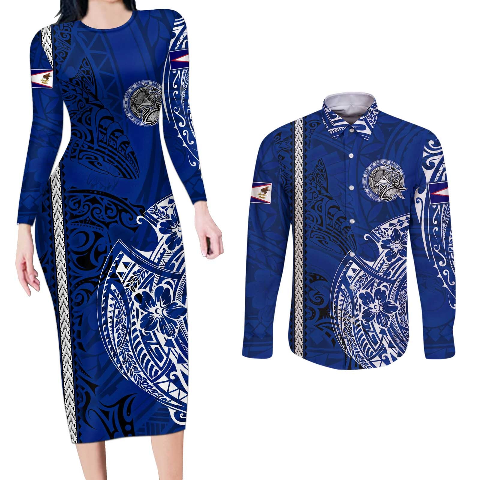Sharks And American Samoa Couples Matching Long Sleeve Bodycon Dress and Long Sleeve Button Shirt Simple Polynesian Blue DT02 Blue - Polynesian Pride