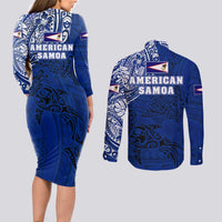 Sharks And American Samoa Couples Matching Long Sleeve Bodycon Dress and Long Sleeve Button Shirt Simple Polynesian Blue DT02 - Polynesian Pride