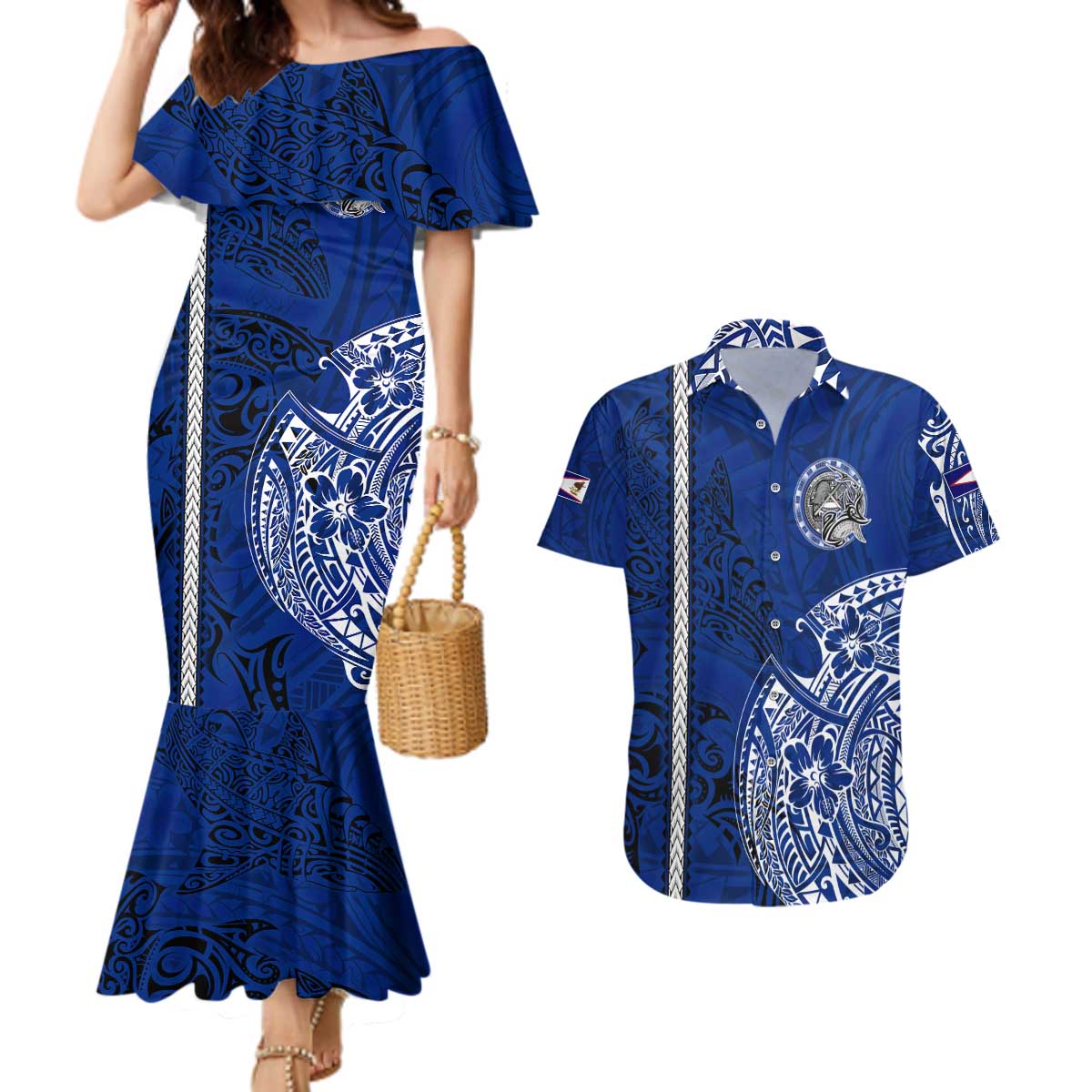 Sharks And American Samoa Couples Matching Mermaid Dress and Hawaiian Shirt Simple Polynesian Blue DT02 Blue - Polynesian Pride