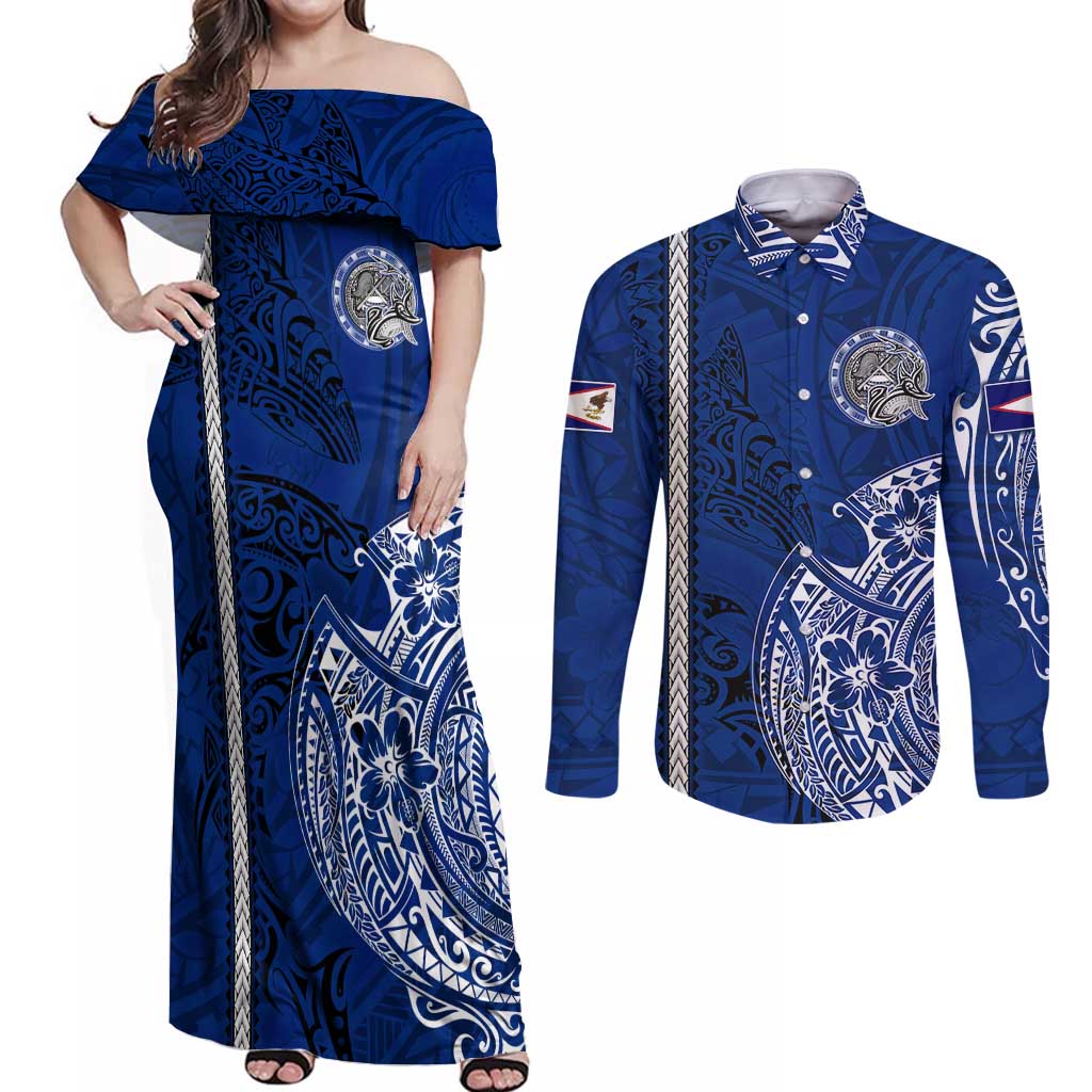 Sharks And American Samoa Couples Matching Off Shoulder Maxi Dress and Long Sleeve Button Shirt Simple Polynesian Blue DT02 Blue - Polynesian Pride