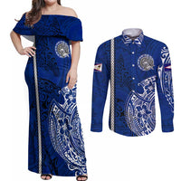 Sharks And American Samoa Couples Matching Off Shoulder Maxi Dress and Long Sleeve Button Shirt Simple Polynesian Blue DT02 Blue - Polynesian Pride