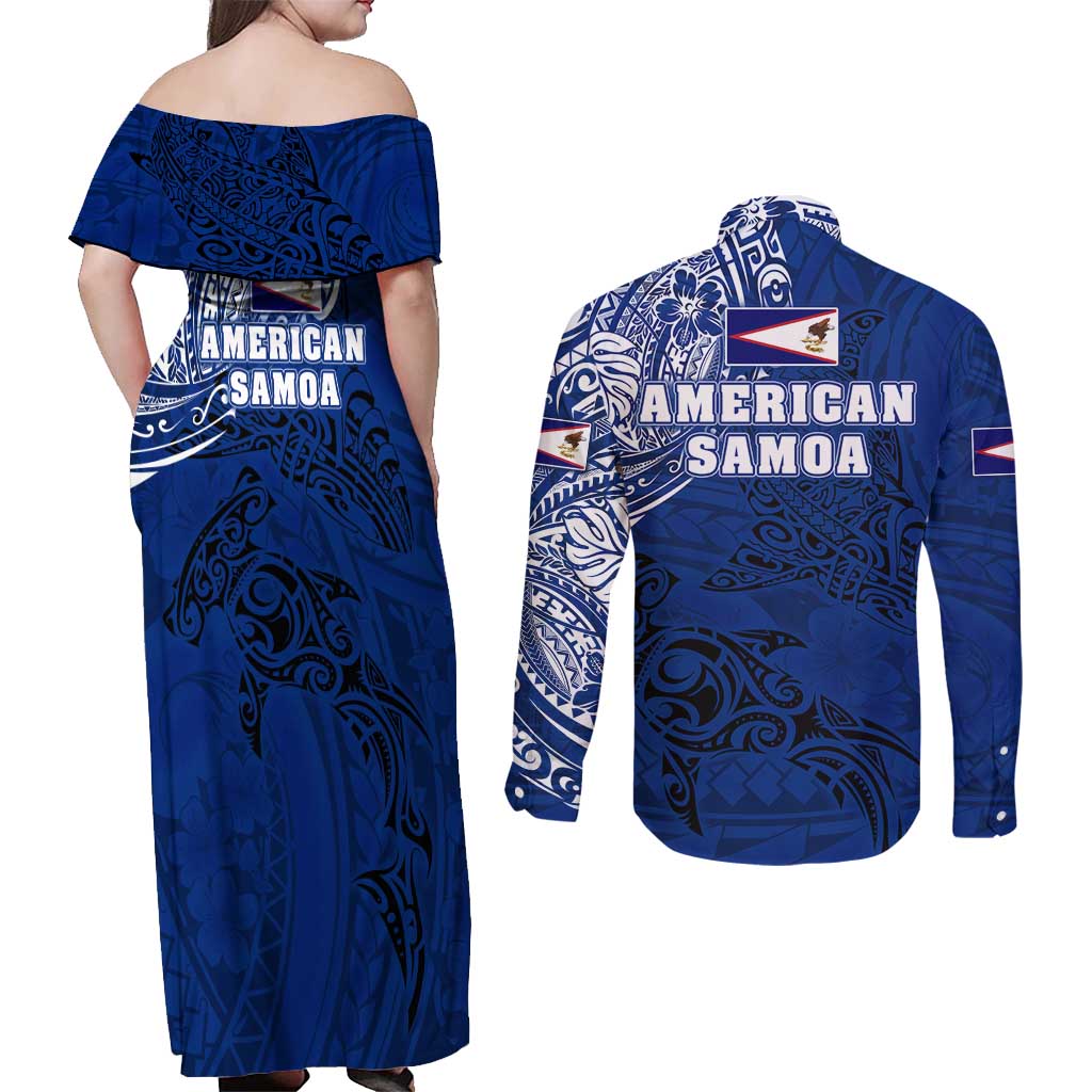 Sharks And American Samoa Couples Matching Off Shoulder Maxi Dress and Long Sleeve Button Shirt Simple Polynesian Blue DT02 - Polynesian Pride