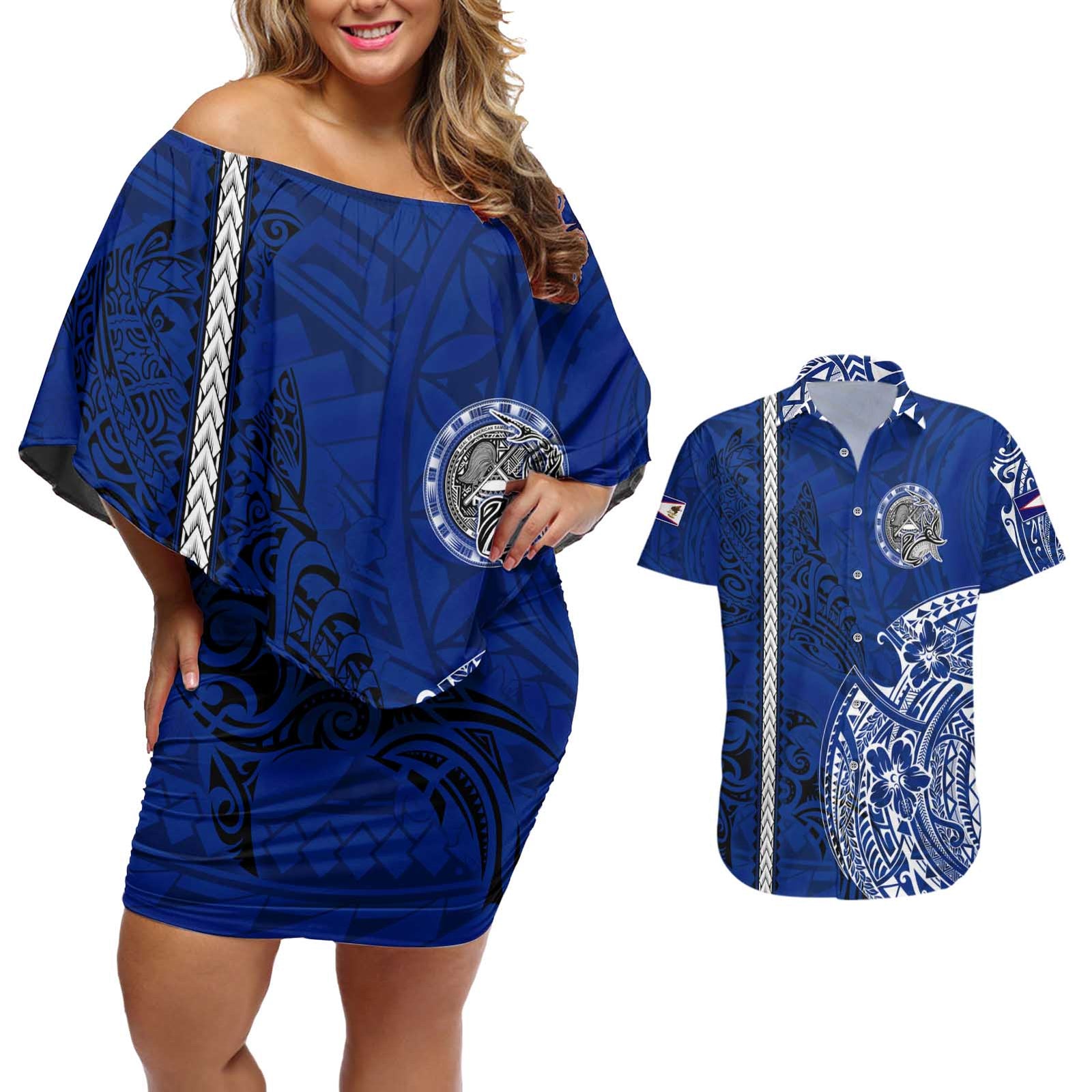 Sharks And American Samoa Couples Matching Off Shoulder Short Dress and Hawaiian Shirt Simple Polynesian Blue DT02 Blue - Polynesian Pride