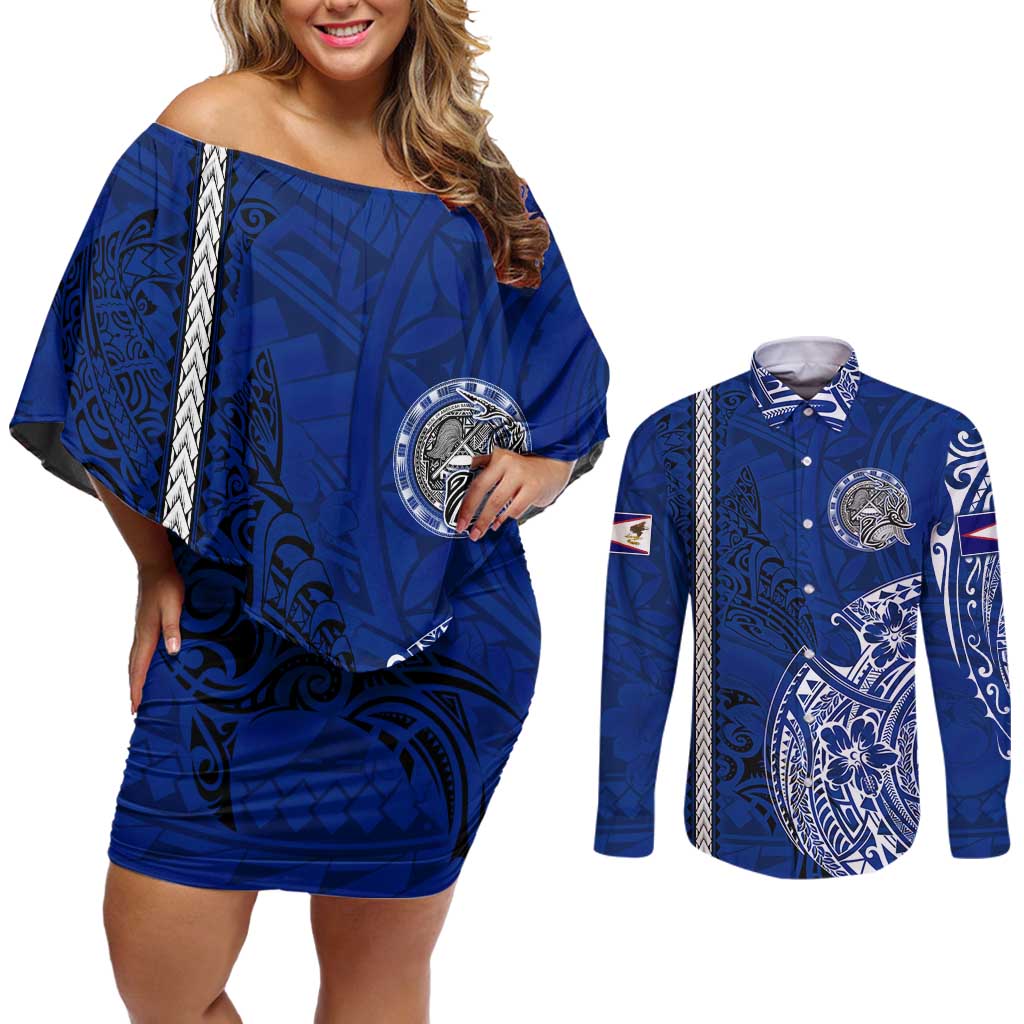 Sharks And American Samoa Couples Matching Off Shoulder Short Dress and Long Sleeve Button Shirt Simple Polynesian Blue DT02 Blue - Polynesian Pride