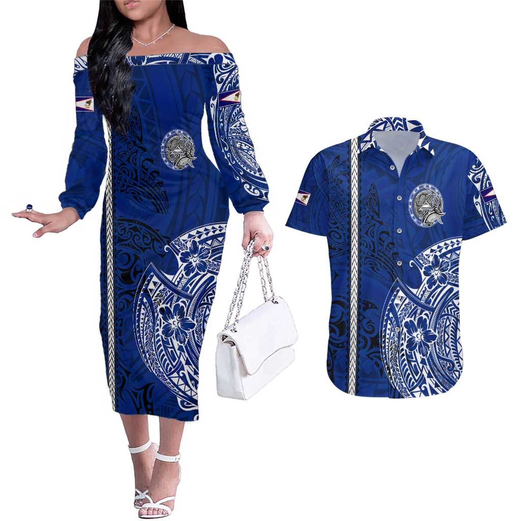 Sharks And American Samoa Couples Matching Off The Shoulder Long Sleeve Dress and Hawaiian Shirt Simple Polynesian Blue DT02 Blue - Polynesian Pride