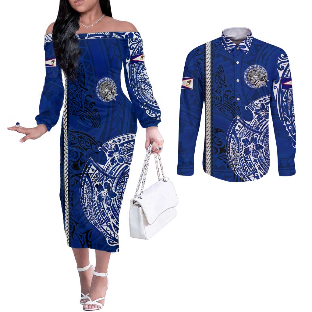 Sharks And American Samoa Couples Matching Off The Shoulder Long Sleeve Dress and Long Sleeve Button Shirt Simple Polynesian Blue DT02 Blue - Polynesian Pride